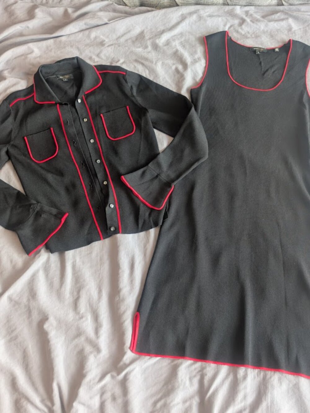 BCBG-MAXAZARIA two-piece knit dress/jacket combo.  Black with red trim